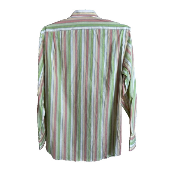 Lacoste Men's Size 40 Striped Lime Green Peach White Pointed Collar Long Sleeve - Picture 10 of 10